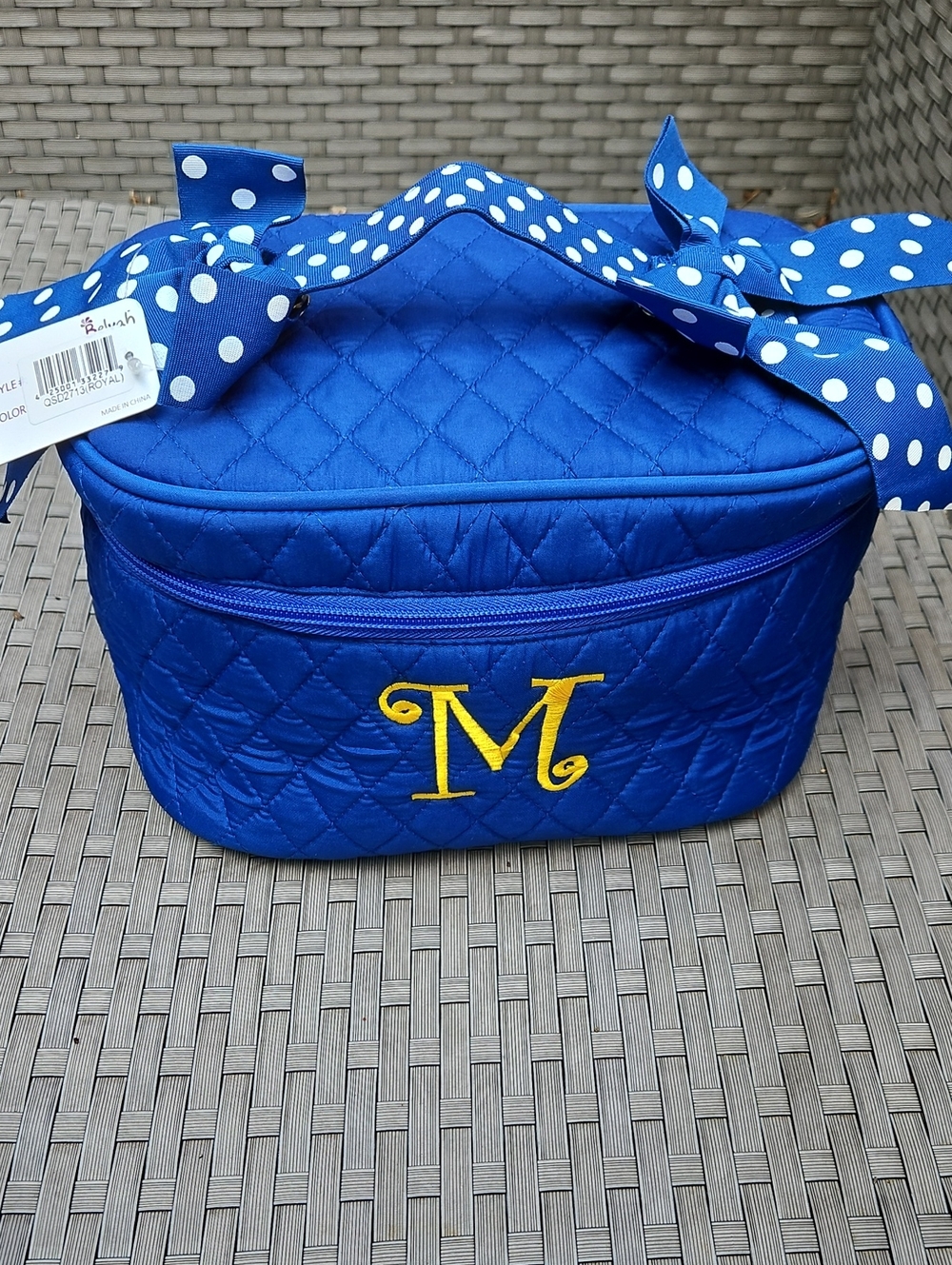 Personalized "M" Quilted Cosmetic Bag  Royal Blue  Yellow "M" Monogram Polka Dot